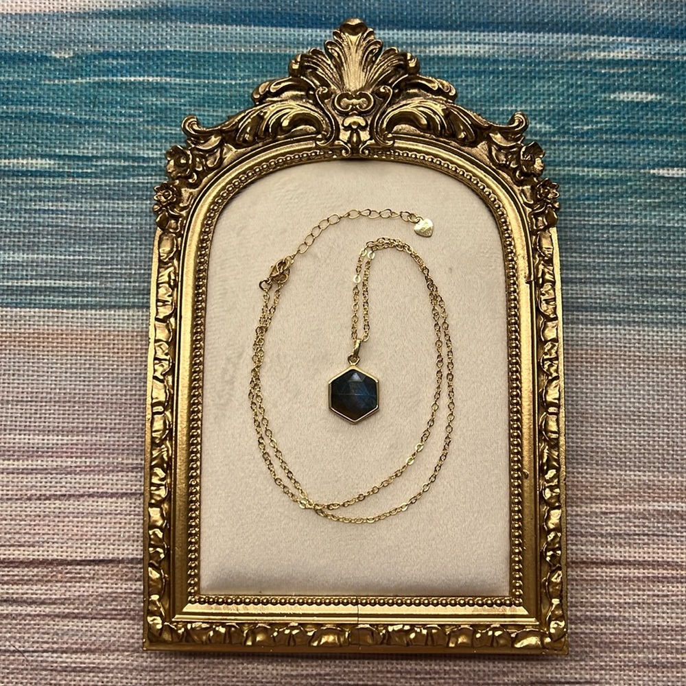 M221 BLUE FIRE Labradorite Faceted High Quality Gem Stone Gold Tone Necklace